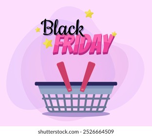 Letras de Black Friday con cesta de la compra. Texto manuscrito y mecanografiado, caligrafía. Venta, compras, concepto de publicidad. La Ilustración vectorial se puede utilizar para el diseño del cartel o del Anuncio