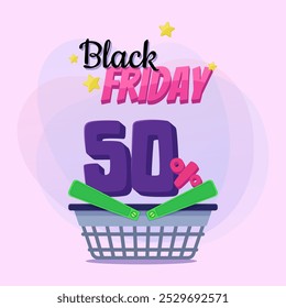 Letras de Black Friday y cesta de la compra con un descuento del cincuenta por ciento en el interior. Texto manuscrito y mecanografiado. Venta, compras, concepto de publicidad. La Ilustración vectorial se puede utilizar para el diseño del Anuncio