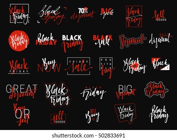 Black Friday, lettering typographic emblems set. Calligraphy discount sale vector logo, text design. Discounts for Black Friday. Fashion stylish design element Usable for banners.