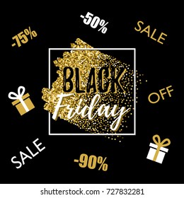 Black Friday lettering typography design with glitter brush stroke and square frame, gifts, discount on a black background. Golden vector illustration for flyer, poster, sign, banner, web.
