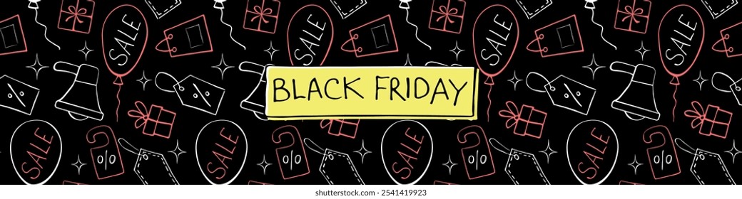 Black friday - lettering, vector banner. Hand drawn illustration in doodle flat style. Theme of shopping, discounts, sales for advertising, marketplaces, leaflets, shops