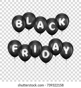 Black Friday letters on balloons hanging in row with white words on transparent background. Festive thematic vector decorations for sites, stores, mobile applications on the annual big sales day