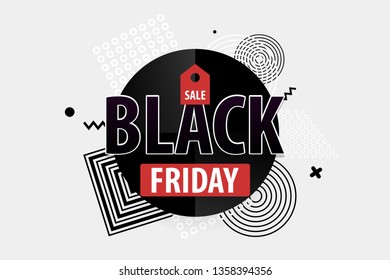 Black Friday light modern minimalistic trendy background. Comic text plastic halftone red, white colors. Super november sale. Discount tag post-modern banner. Round frame.