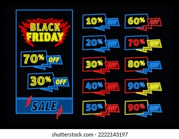 Black Friday lightning bolt concept. Neon graphic styles with no effects. Sales and discount signs.