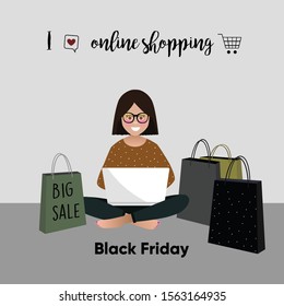 Black Friday. I like online shopping. Happy girl buyer sitting on the floor and shopping online on laptop. Space for your text. Hand drawn vector illustration.