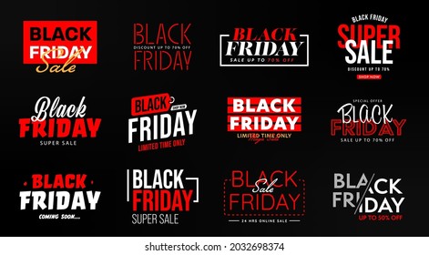 Viernes Negro limitado en tiempo super venta plantilla de banner. Conjunto de ofertas de descuento con reducción de precios de hasta el 70 por ciento sólo dos días o 24 horas. Ilustración del vector aislada en fondo negro