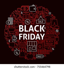 Black Friday Line Circle Concept. Vector Illustration of Shopping Sale Objects.