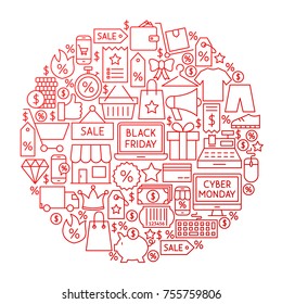 Black Friday Line Circle Design. Vector Illustration of Shopping Sale Objects Isolated over White.