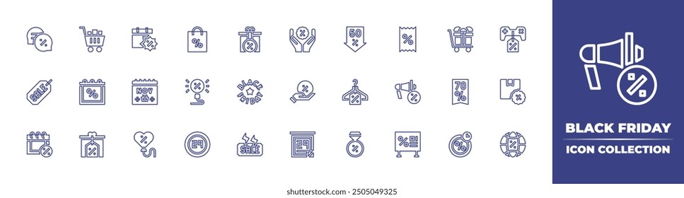 Black Friday line icon collection. Editable stroke. Vector illustration. Containing shoppingbag, blackfriday, shoppingcart, sale, discount, calendar, promo, offer, message, gift, balloon.