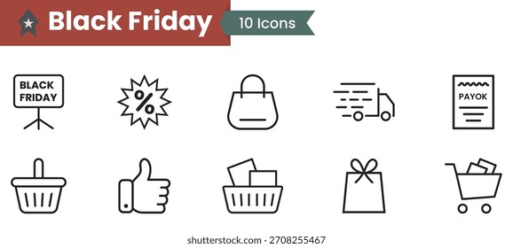 Schwarzer Freitag-Zeilensymbol-Satz. Black Friday Schild, Einkaufstasche, Lieferwagen, Korb, Gefällt mir, Geschenk und Tasche minimale Umriss Vektordesigns.