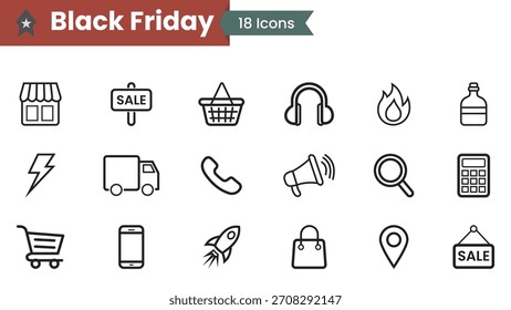 Black Friday line icon set. Black Friday Shopping store, sign board, Shopping bag, Delivery Truck, Basket, Magnifying glass, Location pin, and Bag minimal outline vector designs.