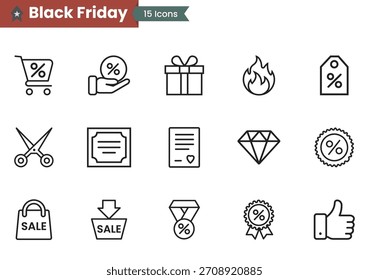 Black Friday line icon set. Hand holding percent sign. Black Friday discount offer. Shopping cart, gift, box, hot deal, tag, stamp and arrows minimal outline vector designs.