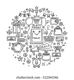 Black Friday line icon set. Big Holiday Sale logo design. Vector illustration