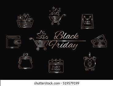 Black Friday line icon set. Elegant gold icons on a black background. Vector illustration