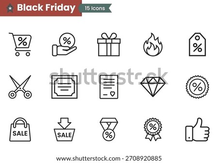 Black Friday line icon set. Hand holding percent sign. Black Friday discount offer. Shopping cart, gift, box, hot deal, tag, stamp and arrows minimal outline vector designs.