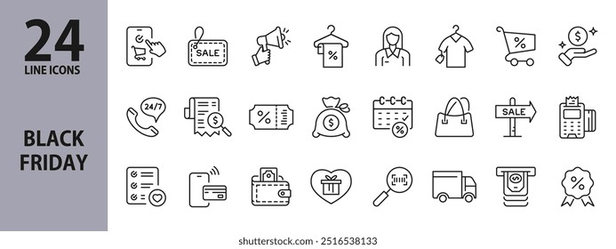 Black Friday line icons set with Price, Gift, Pay, Delivery, Card, Wallet, Discount and more. Editable Stroke