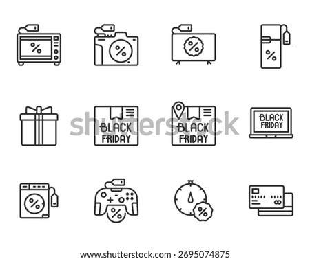 Black Friday Line Icons Set With Shopping Online,Delivery Box, Gift, Pay, Price, Television discount, Gift Box,  Online Shopping, Limited Time, Game Discount,