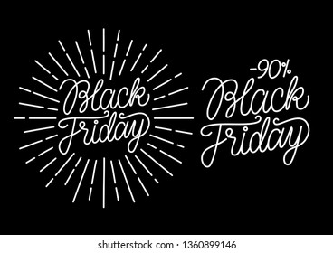 Black Friday line lettering handwritten text. with vintage rays. White vector illustration isolated on black background.