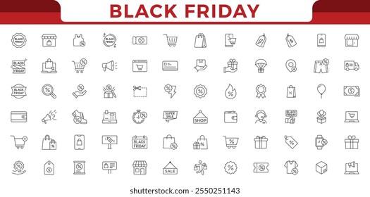 Black Friday, linear icons set. Sale day, offering big discounts and gifts for customers. Savings on shopping and marketing. Editable stroke width.