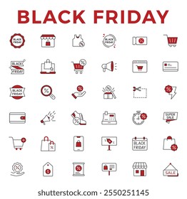 Black Friday, linear icons set. Sale day, offering big discounts and gifts for customers. Savings on shopping and marketing. Editable stroke width.