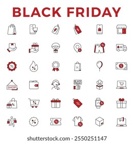 Black Friday, linear icons set. Sale day, offering big discounts and gifts for customers. Savings on shopping and marketing. Editable stroke width.