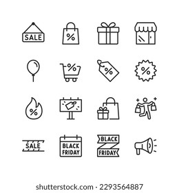 Black Friday, linear style icons set. Sale Day. Big discount and gift for customers. Savings on shopping, marketing. Editable stroke width