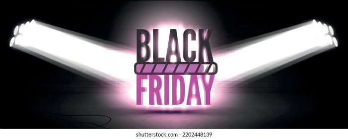 Black friday loading realistic wide vector banner template. Double spotlight rays illuminating seasonal mega sale offer. Big discounts anticipation with progress bar for stylish poster design