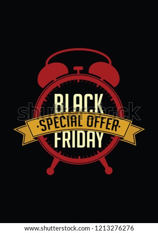 Black friday logo with alarm clock which can be used for labels, frame designs, t-shirts templates, book covers, banners, flyers and other identity, blog header
