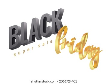 Logo del viernes negro aislado en un texto dorado en 3d blanco. Superventa. Ilustración vectorial.