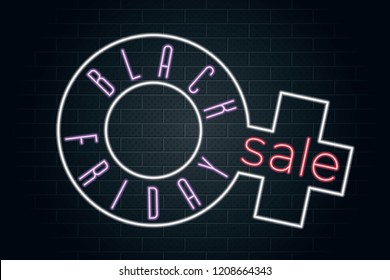 Black Friday Logo Lettering Shopping Creative Concept with Glowing Neon Light Style Friday Venus Sign - Purple Red and White on Black Brick Wall Background - Vector Mixed Graphic Design