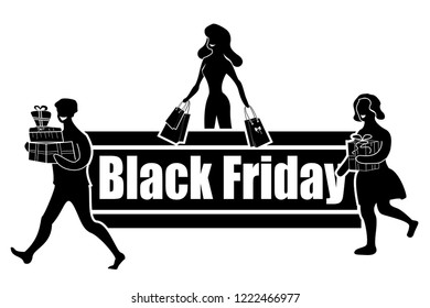 Black Friday logo. Satisfied with good shopping buyers. People buy gifts and items on sale. Vector illustration.