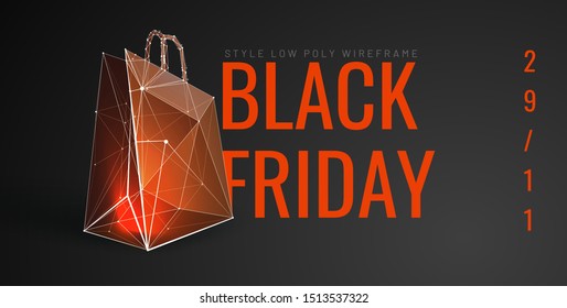 Black friday low poly banner template. Purchase, bargain polygonal illustration. Low prices promotion web banner. Sale, discount banner. Special offers announcement art poster design layout
