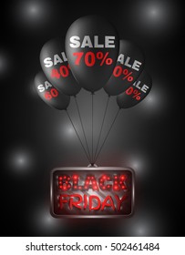 Black Friday luminous sign with text hanging on the balloons with discounts on a dark background with white lights. Vector illustration.