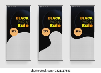 Black friday luxurius design. Black roll up and stand x banner design in grey background. Holiday super offer discount promotional web banner. Suitable for vertical flyer cover sales banner.