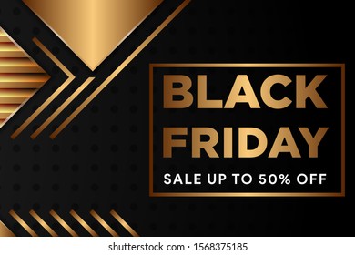 Black Friday luxury banner. Golden text on black square label frame. Dark geometric dot pattern background. Vector illustration. bright gold triangle. diagonal shape. 