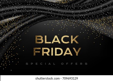 Black Friday Luxury Poster. Promotion Banner With Silk Textile Waves, Golden Confetti On The Dark Horizontal Background.