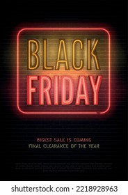 Black Friday Luxury store hot realistic vector flyer template. Seasonal clearance red yellow sale advert neon light. Stylish, big discounts special price offer banner design with copy space.