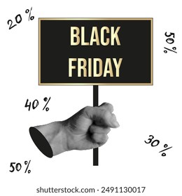 Black Friday luxury theme. Halftone Collage with Sale design and grunge texture hand. Business Halftone Collage design isolated white. Vector illustration for social media, web, shop banner poster