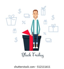 black friday man sits on a package vector illustration