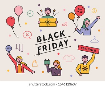 Black friday marketing concept promotion poster. People are greeting with a sale sign. flat design style minimal vector illustration.