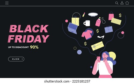 Black Friday Marketing Template. Eine Frau hält ein Handy und denkt an ihre Einkaufsliste. flache Vektorgrafik.