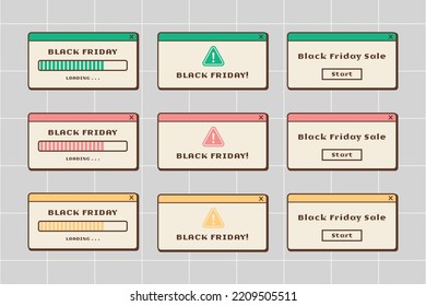 Black Friday marketing Window elements for social media. Retro PC User Interface Aesthetics. Countdown to event.