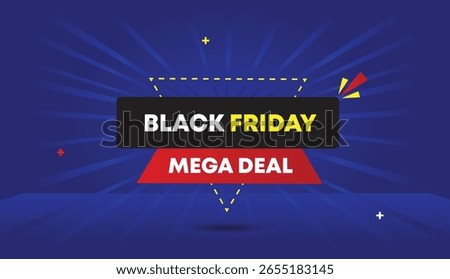 Black Friday mega deal editable web banner vector art template design badge icon label with black gray red gradient shapes blue dark light sun shine abstract business background unique modern style