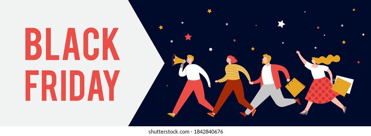 Black friday, mega sale banner, scene with a crowd, women and men running with shopping bags. Sale concept design