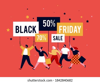 Black friday, mega sale banner, scene with a crowd, women and men running with shopping bags. Sale concept design