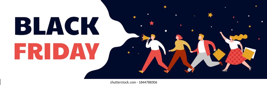 Black friday, mega sale banner, scene with a crowd, women and men running with shopping bags. Sale concept design