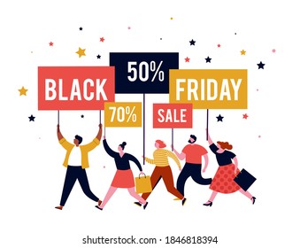 Black friday, mega sale banner, scene with a crowd, women and men running with shopping bags. Sale concept design