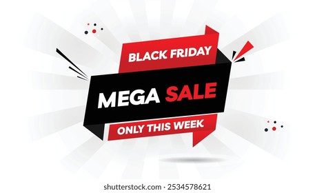 Black Friday Mega Sale banner template featuring a light white and dark black gradient design with red shapes, perfect for promoting limited-time offers and driving sales this week
