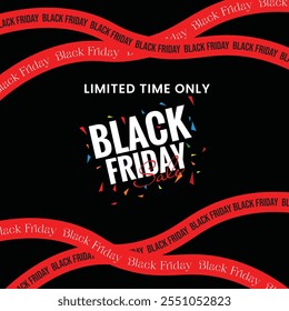 Black Friday Mega Sale Banner.Red ribbons for black friday sale on black background. Crossed ribbons. Big sale. Graphic elements. Vector illustration.