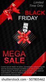 Black Friday. Mega Sale. Banner for the sale ads with realistic gift boxes and diamond, bows and ribbons